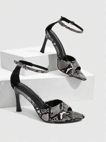 CUCCOO SZL Sepatu hak tinggi wanita motif ular dengan tali pergelangan kaki, model terbuka dan ujung runcing. - Abu-abu / hitam - View 1