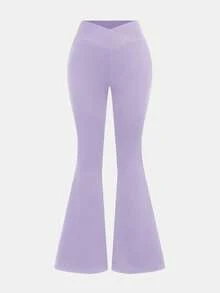 SHEIN Girlism 青少年女孩純色休閒百搭日常穿著喇叭褲 - 紫色 - 查看 1