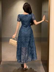 DAZY 女士纯色方领夏季优雅收腰连衣裙，生日、新年、舞会礼服、正式女士连衣裙、鸡尾酒会礼服 - 水鴨藍 - 查看 5