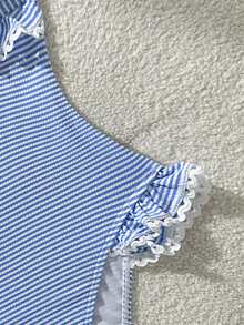 Swim Mod Women's Summer Beach Vacation Vacations Sweet And Cute Blue Striped Striped Ruched One-Piece Swimsuit. Coastal Cute - Multicolor - View 6