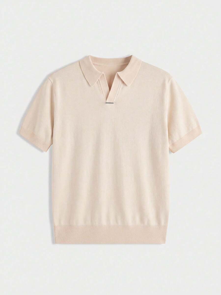 HIMLAND Men's Casual Versatile Solid Color Short Sleeve Knit Top - Apricot - View 1