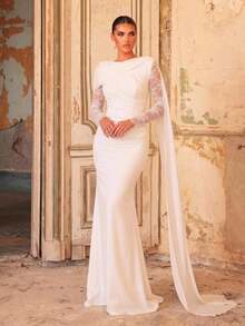 Aureia Elegant Classical Round Neck Multi-Style Combination Asymmetrical Shoulder Sheer Long Sleeve Chiffon Drape Waist Pleat Body-Flattering Bodycon Train - White - View 9
