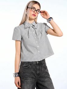 COUREZ Front Tie Short Sleeve Check Shirt , Y2K For Women Autumn Shirt Button Up Rave Club Fall Top Cute Top - Multicolor - View 4