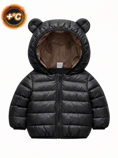 SHEIN Souflis 1pc Unisex Newborn Baby Toddler Cute Fashionable Black Lightweight Quilted 3D Bear Ear Hooded Zip-Up Cardigan Jacket Coat For Outings, Holidays, Daily Wear, Autumn/Winter
