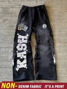 Resyla Men Men's Casual Letter Embroidery Distressed Washing Sweatpants, For Rave - Black - View 1