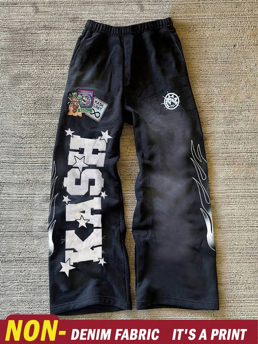 Resyla Men Men's Casual Letter Embroidery Distressed Washing Sweatpants, For Rave - Black - View 1