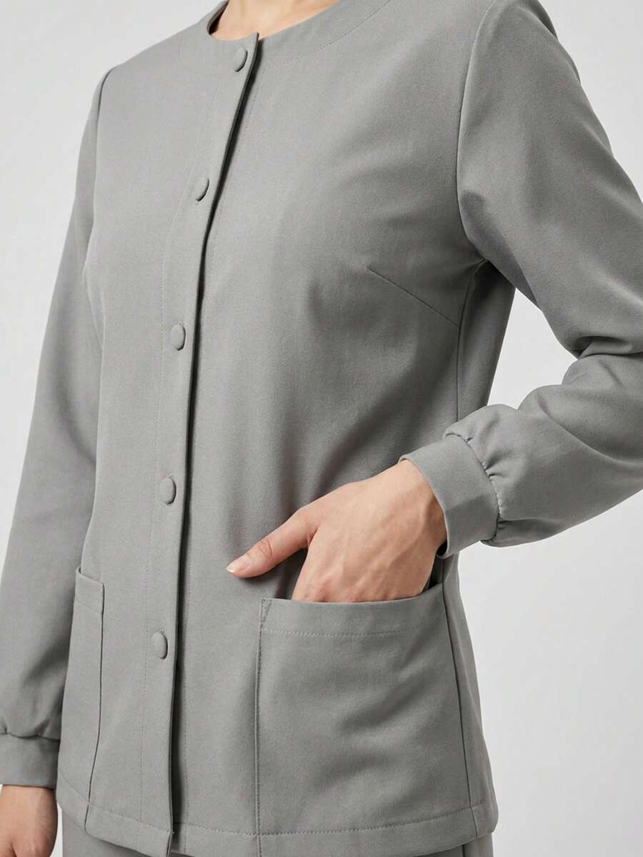 TaskEZ Light Gray Long Sleeve Crew Neck Double Pocket Convenient Comfortable Scrub Uniform Jacket - Light Grey - View 1