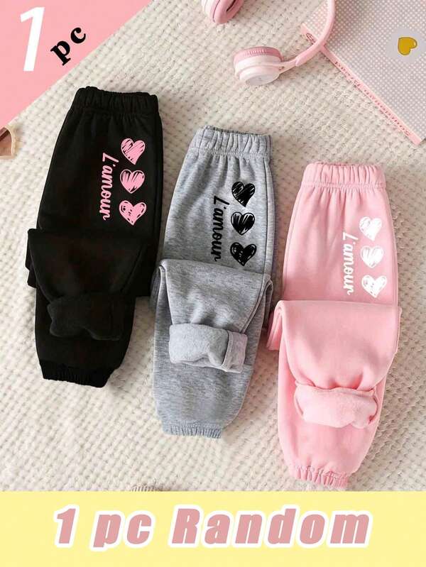 (1 Pieza Aleatoria) Pantalones de Chándal Básicos para Niñas con Estampado de Línea Minimalista Fresca, Corazón, Letra y Eslogan, Rosa, Gris, Negro