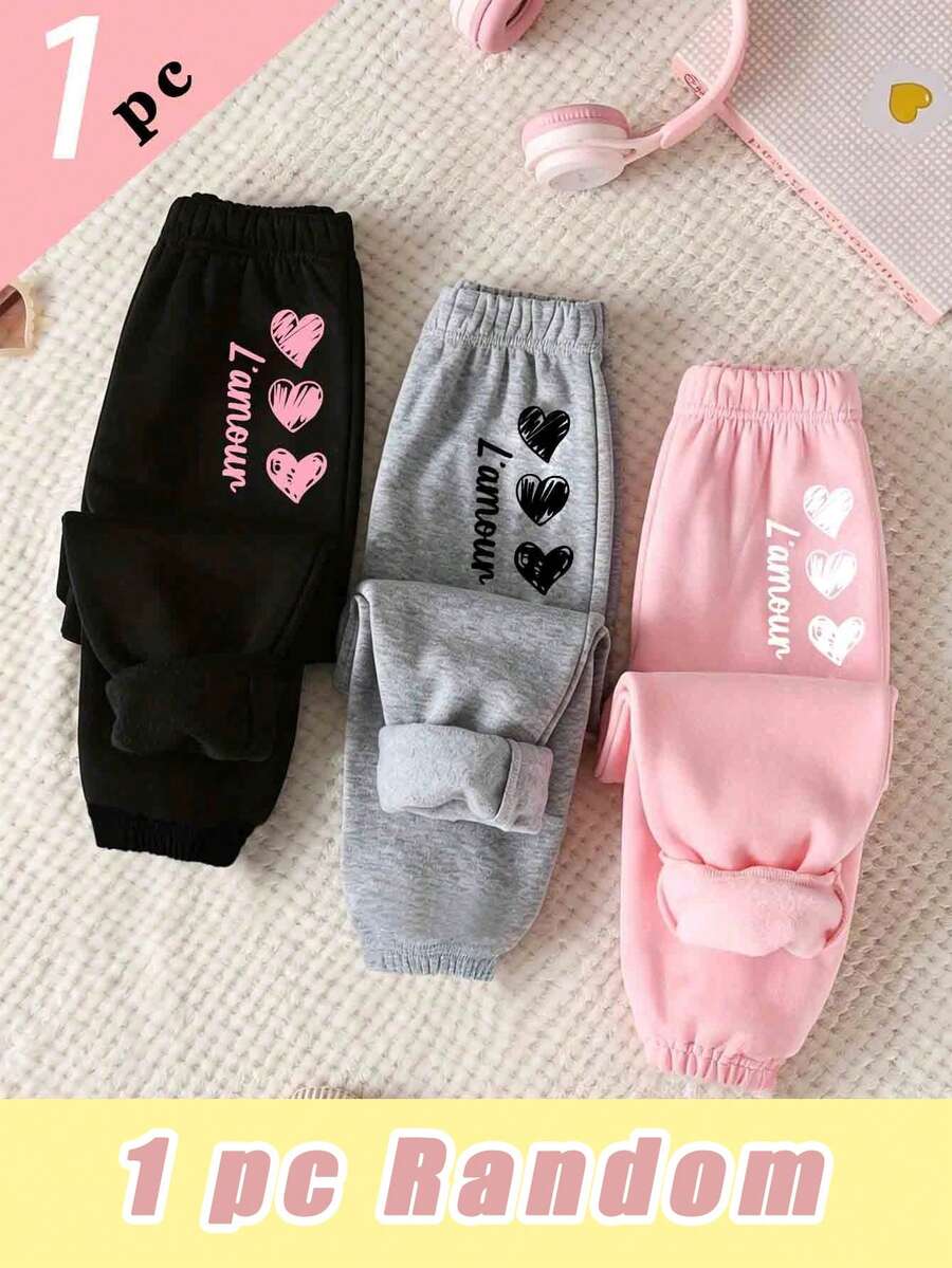 (1 Pc Random) Girls' Fresh Minimalist Daily Line Heart Letter Slogan Print Pattern Basic Sweatpants Pink Grey Black - Multicolor - View 1