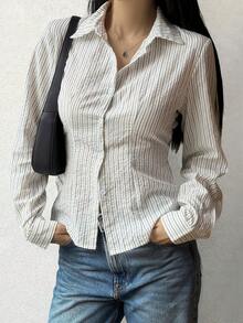 Livesso Women's White Cotton Long Sleeve Lace Ruffle Button-Up Slim Fit Cinched Waist Shirt - White - View 1
