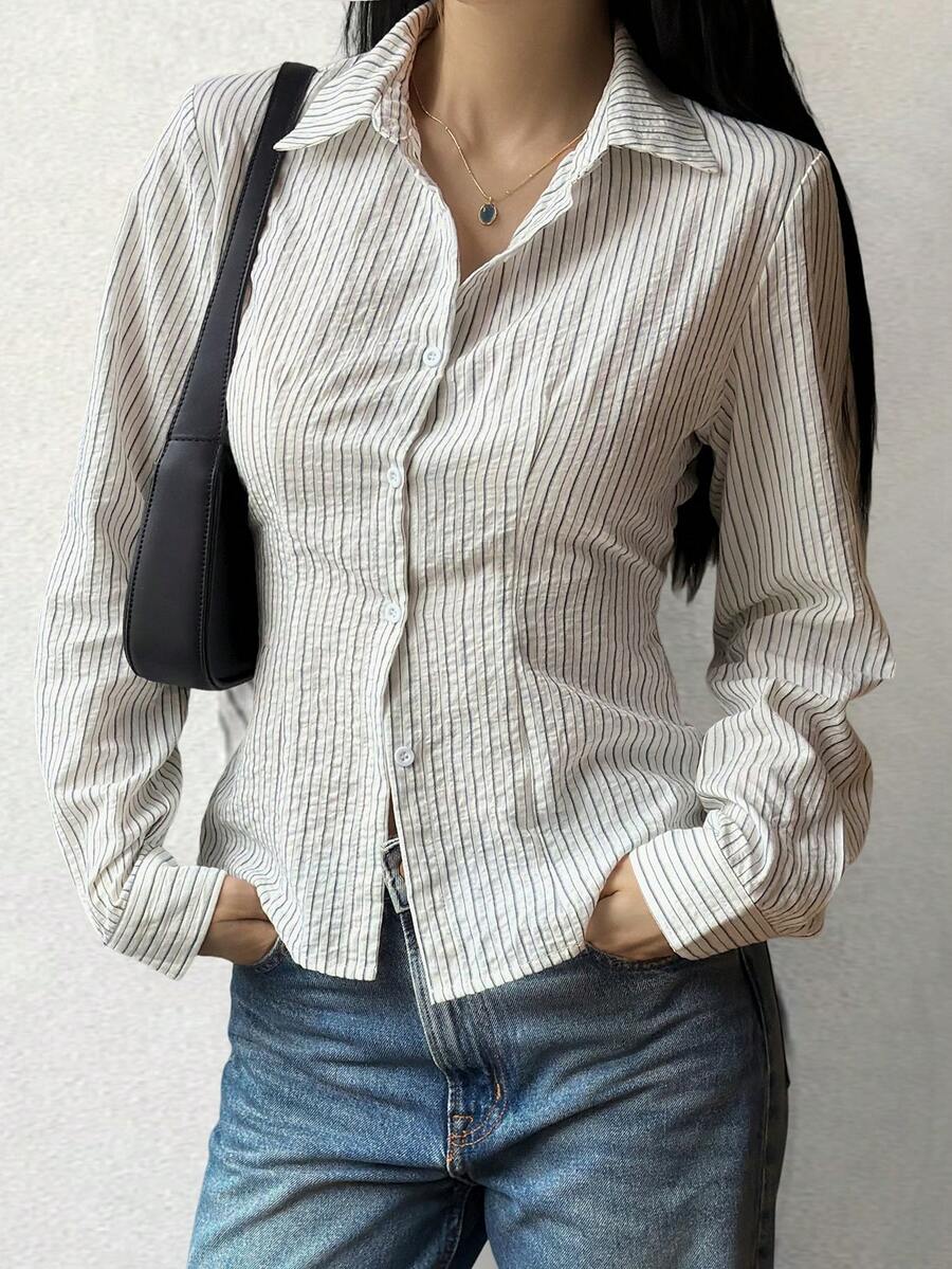 Livesso Women's White Cotton Long Sleeve Lace Ruffle Button-Up Slim Fit Cinched Waist Shirt - White - View 1