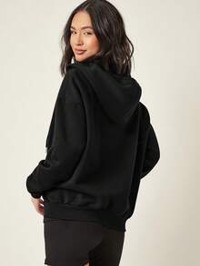 SHEIN BASICS Cozy Fleece Drop Shoulder Zipper Up Hooded Sweatshirt,Long Sleeve Tops In Fall Winter Clothes - Black - View 6