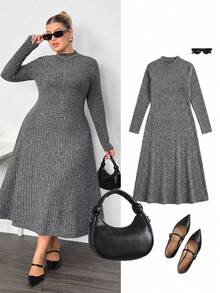 Enliva Lacenleopard Plus Size Solid Color Ribbed Stand Collar Long Sleeve Dress, For Pear Triangle Body Shape Autumn Office Semi Formal Gray Casual - Grey - View 11