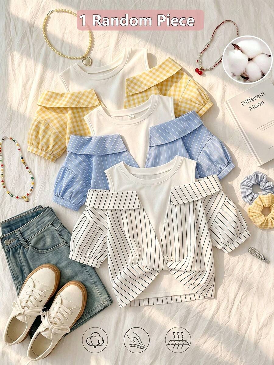 Camisa casual versátil de uso diario con cuello redondo y diseño 2 en 1 con patchwork para niña preadolescente