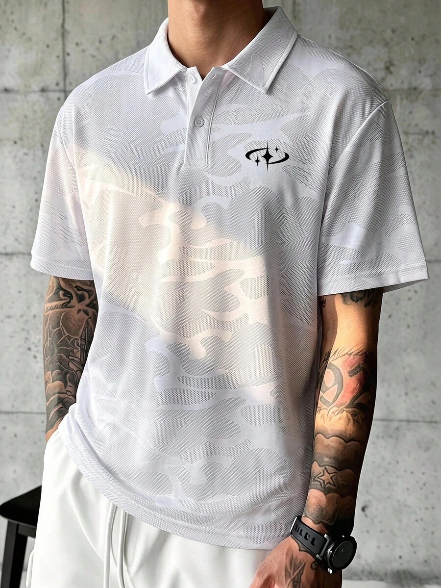 Sport MetroGents Kaos Polo Olahraga Lengan Pendek Motif Kamuflase Pria, untuk Gym - Putih - View 1