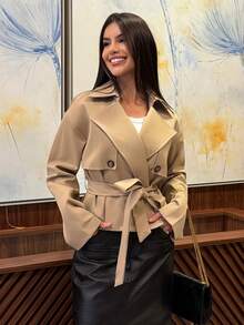Yohana Edit Khaki Cinched Waist Waist Short Women's Trench Coat, Versatile For Autumn/Winter,Fall - Khaki - View 1