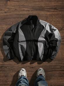 SWAVVY Men's Autumn Casual Colorblock Patchwork Jacket - Black - View 1
