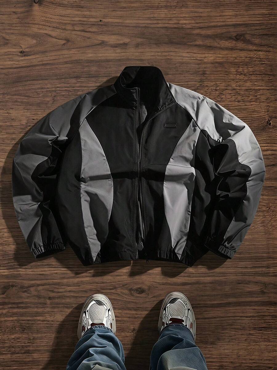 SWAVVY Men's Autumn Casual Colorblock Patchwork Jacket - Black - View 1