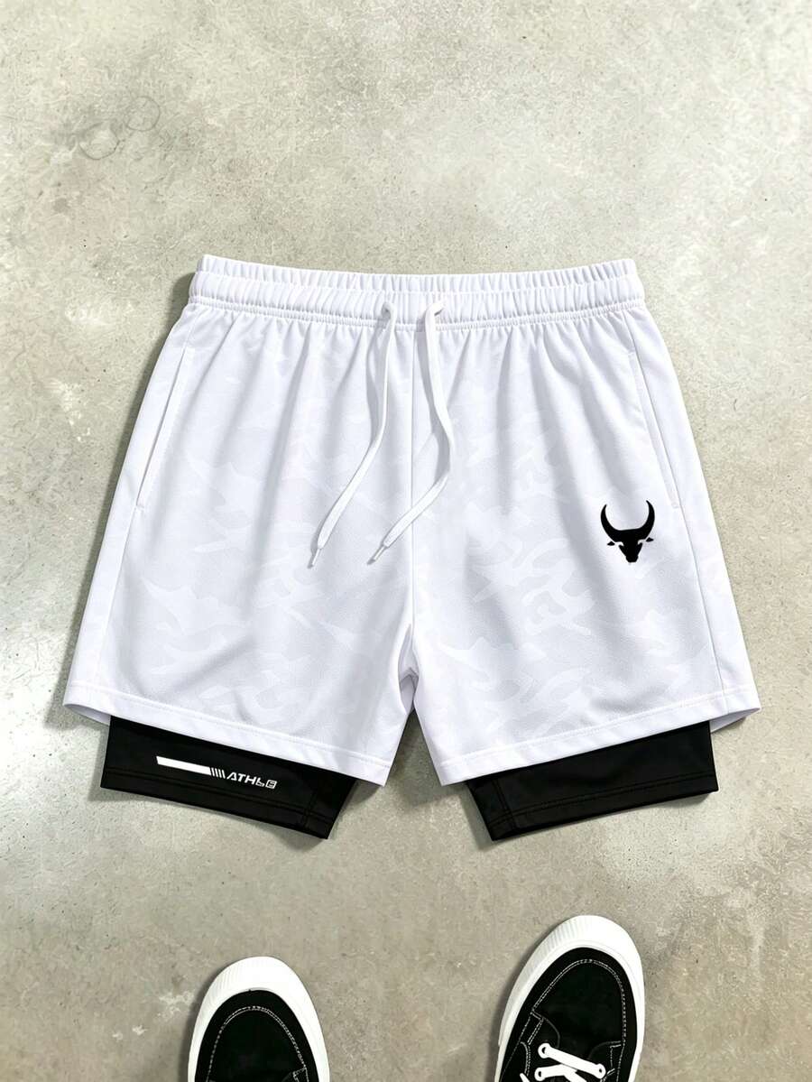 Gym Rark Men's Drawstring Waist Bull Head Print Casual Daily Double Layer Sports Shorts - White - View 1