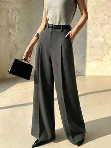 SHEIN PariChic Celana Panjang Kasual Minimalis Elegan dengan Lipatan Longgar Berbahan Rajut dan Potongan Lebar untuk Perjalanan Sehari-hari - Grey - View 1
