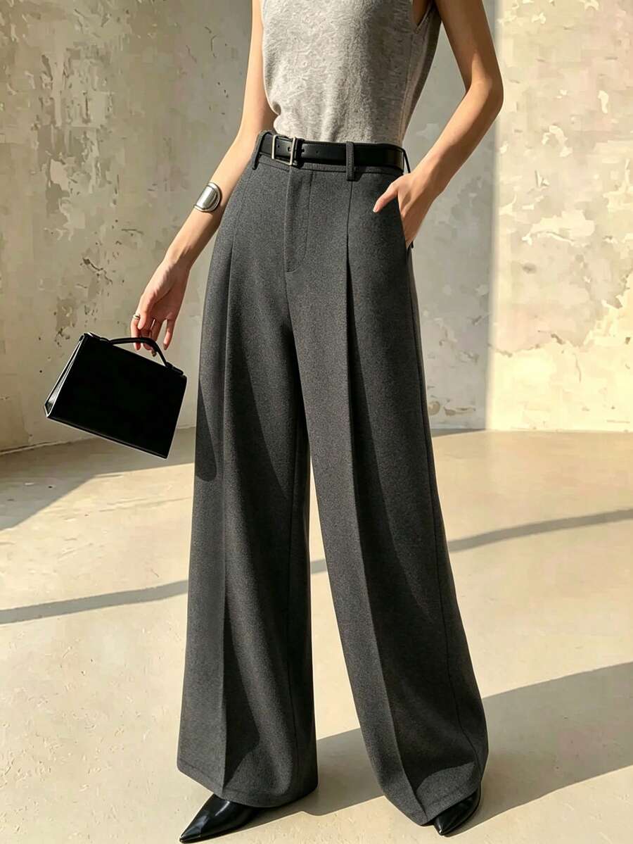 SHEIN PariChic Celana Panjang Kasual Minimalis Elegan dengan Lipatan Longgar Berbahan Rajut dan Potongan Lebar untuk Perjalanan Sehari-hari - Grey - View 1