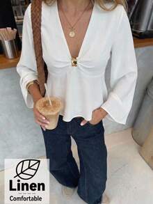 Aloruh Women's White Linen Metal Decor Cinched Waist A-Line Long Sleeve Blouse, Autumn/Winter Teachers' Day Brunch Party French Elegant - White - View 1
