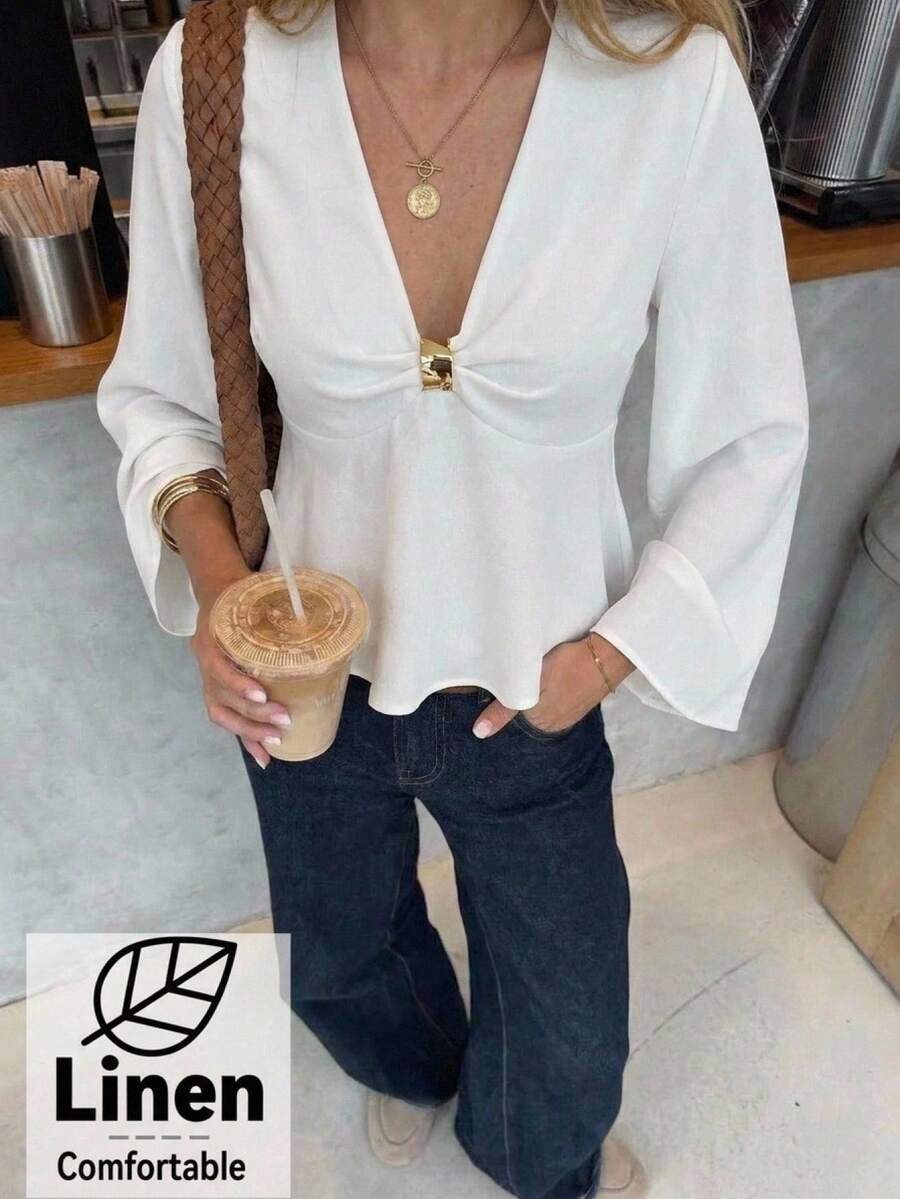 Aloruh Women's White Linen Metal Decor Cinched Waist A-Line Long Sleeve Blouse, Autumn/Winter Teachers' Day Brunch Party French Elegant - White - View 1