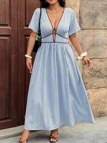 Vionelle Plus Size Women's Baby Blue Deep V-Neck Contrast Trim Short Sleeve High Waist Casual Sexy Dress Beach Vacation Vacation Summer - Blue - View 4