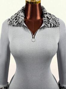 Mistrie Women's Grey Leopard Print Plush Patchwork Ribbed Long Sleeve Short Dress Club Night Out Autumn Sexy - Grey - View 7