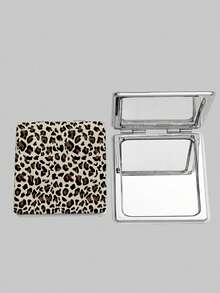 ROMWE Grunge Punk 1 pieza Espejo de bolsillo de maquillaje plegable de doble cara con estampado de leopardo de PU, portátil, espejo de metal creativo para mujeres/estudiantes, diseño de patrón floral aleatorio - Multicolor - Ver 1