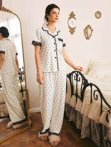 Côtesoire French Elegant Polka Dot Print Knit Fabric, Contrast Color Lace Patchwork Short Sleeve Long Pants Women's Pajama Set - Black and White - View 4