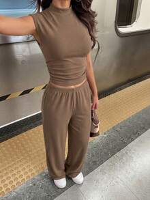 SHEIN Tall 2件組女款夏季純色立領百褶襯衫與長褲套裝，休閒女裝運動服，棕色兩件式套裝，舒適女款休閒套裝，適合高個子女性 - 棕色 - 查看 11
