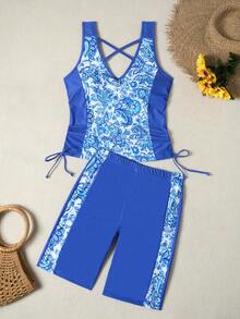 Swim Lushoire Women's Summer Blue Floral Print Casual Vacation Blue Paisley Print Two Pieces Swimsuit Set,Drawstring Two Pieces Tankini Swimsuit Set - Blue - View 2