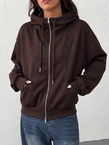 SHEIN EZwear 女款純色抽繩連帽休閒百搭日常穿著運動衫 - 咖啡棕 - 查看 5
