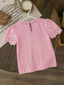 SHEIN LMoss Kids LMoss Young Girl Knitted Solid Color Round Neck Lace Ruffle Trim Fitted T-Shirt - Pink - View 5