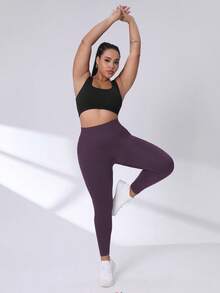 SHEIN Rhythm Era 大尺碼高腰緊身提臀瑜伽健身內搭褲 - 紫色 - 查看 4