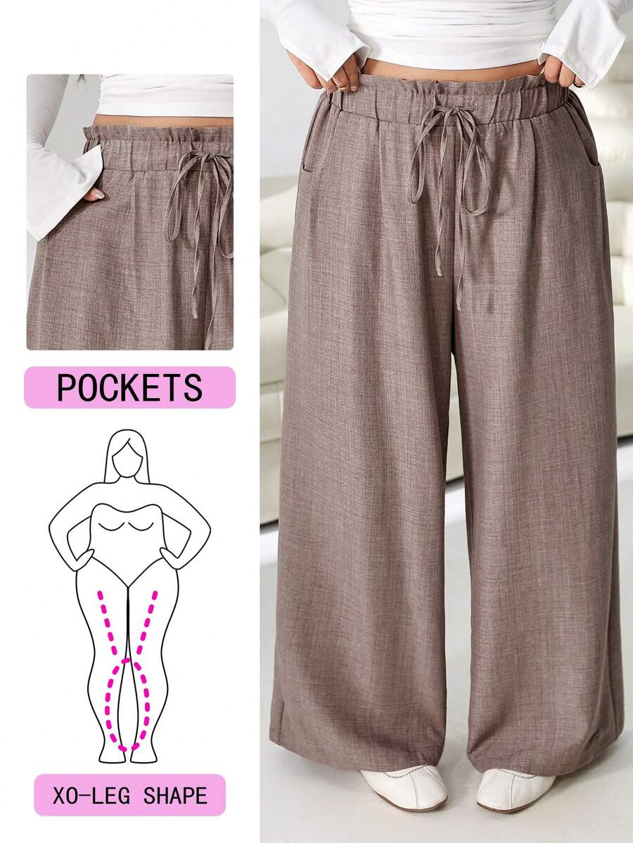 Solflare Plus Size Casual Daily Pocket Loose Drawstring Waist Pants - Khaki - View 1