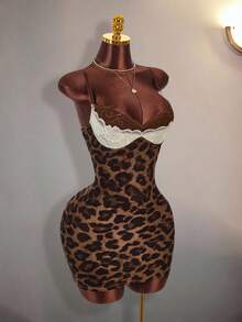 Amplova Y2K Sexy Lace Patchwork Sleeveless Bodycon Mini Dress With Brown Print, Adjustable Shoulder Straps, For Women Club Party Night Night Out Summer - Khaki - View 3