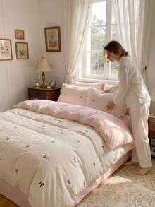 Cirelle Set Sprei 3pcs Motif Pita, Bahan Poliester Lembut Bolak-balik, Warna Krem & Merah Muda, Set Perlengkapan Tidur dengan Resleting & 2 Sarung Bantal (Tanpa Isian) - MultiWarna - View 2