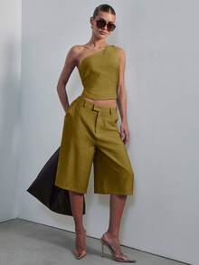 Hauture Atasan Linen Wanita Mini Satu Bahu Bersih dengan Celana Pendek Panjang Denim Linen yang Serasi, Pakaian Kantor Seksi - Olive Green - View 1