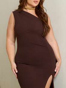 Lele Munniz Plus Size Women's Solid Color One Shoulder Sleeveless Side Slit Hem Fashion Dress Cocktail Brown Summer Sexy Elegant - Brown - View 7