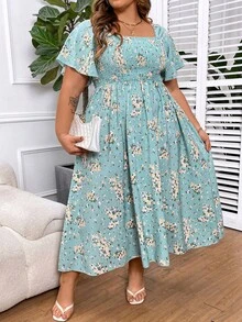 SHEIN CURVE+ Plus Size Floral Print Empire Waist Long Dress, For Summer - Blue - View 5