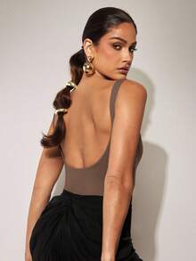 Silquee Chocolate Color Bodysuit, Basic Bodysuit - Brown - View 2