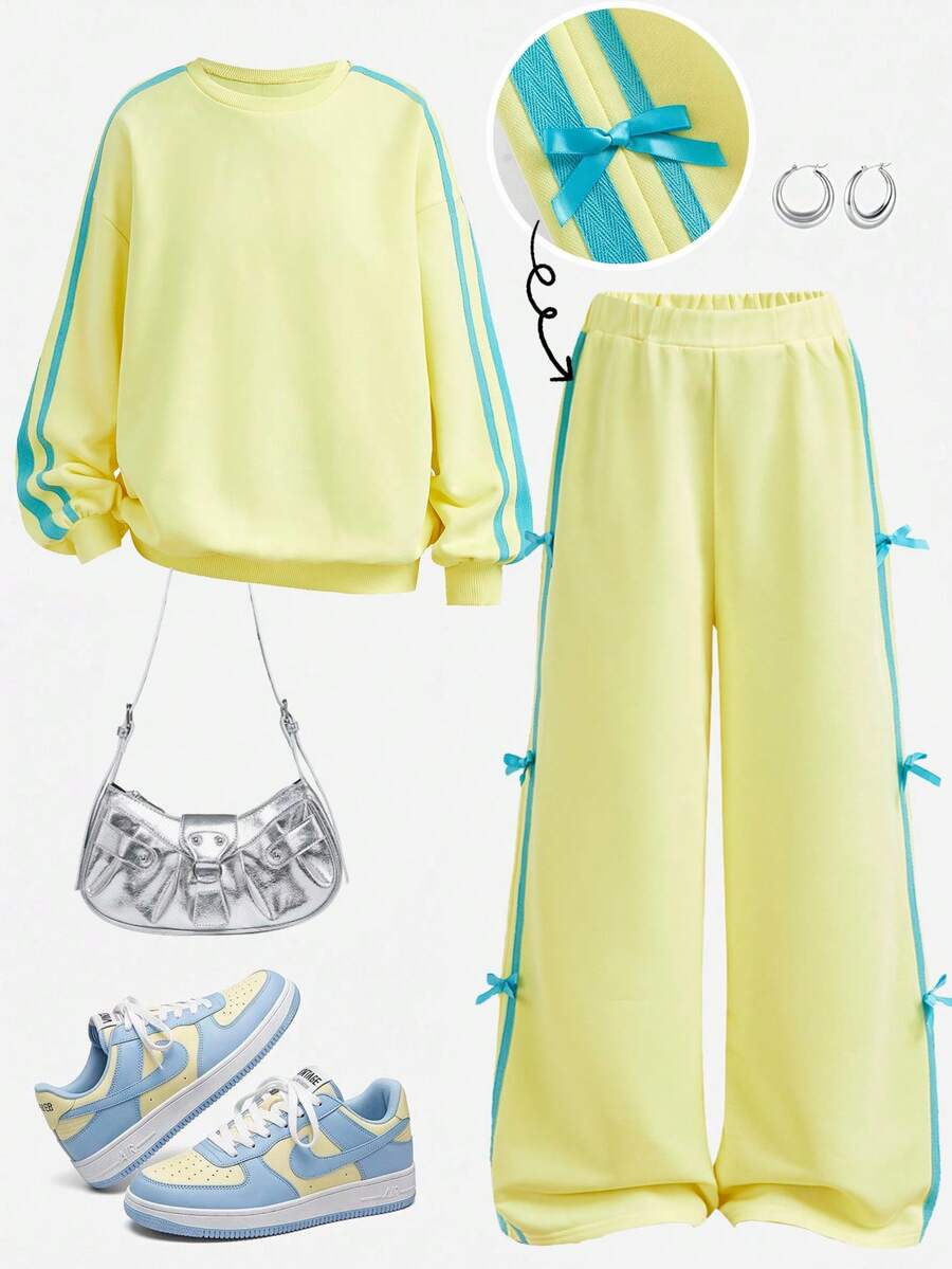 Girlism Tween Girl Bowknot Decor Colorblock Casual Daily Long Sleeve Sweatshirt - Yellow - View 1