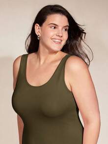 SHEIN BASICS 大尺碼純色修身休閒晚餐約會洋裝 夏季女款優雅洋裝 - 軍綠色 - 查看 6