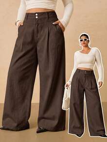 SHEIN Tall CURVE 大尺碼休閒日常穿著牛仔褲，附口袋與鈕扣 - 棕色 - 查看 3