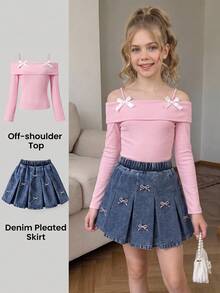 SHEIN Tween Girl Fall Outfits Fall Tops Fall 2 Pieces Set: Pink Soft Polyester Off-Shoulder Camisole Top With Bowknot - Pink - View 2