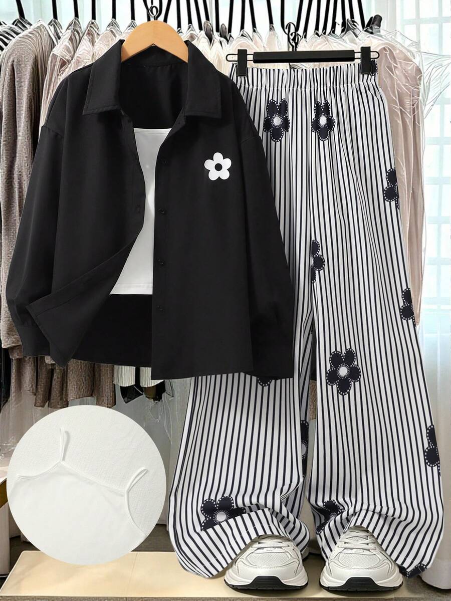 SHEIN 3件組女孩白色花卉長袖襯衫、黑色條紋數位印花長褲、白色細肩帶背心,適合春夏外出穿著 - 黑色 - 查看 1