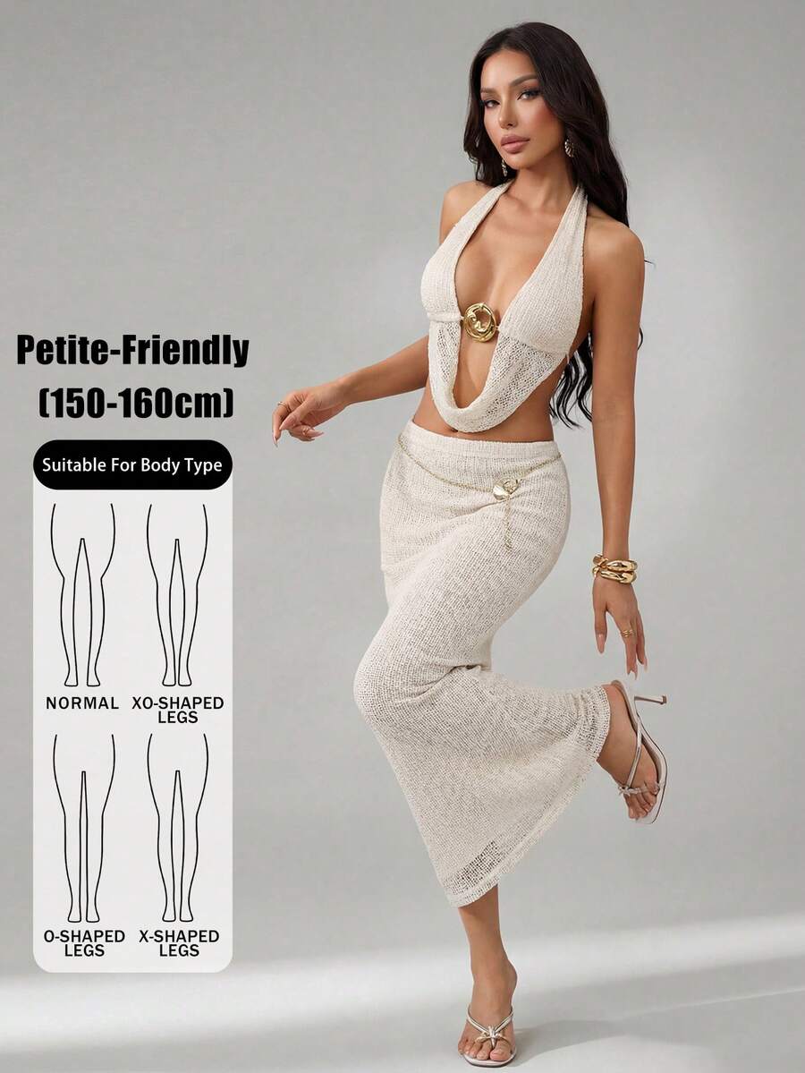 SHEIN PETITE 女款純色金屬裝飾垂領上衣與迷你裙性感兩件套，適合嬌小女性