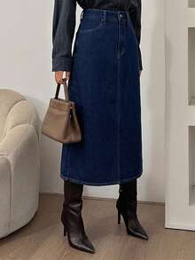 DAZY Autumn/Winter Straight Mid-Length Dark Blue Washed Commuter Style Women's Denim Skirt - Blue - View 4